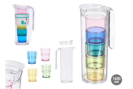 set bokal i čaše, plastični bokal 1,6 L, bokal s čašama, set za piće, plastično posuđe, set čaše boje, kuhinjski set čaše i bokal, bokal za vodu, bokal za sok, bokal za koktele, apartmanska oprema, piknik posuđe, plastični kuhinjski pribor.