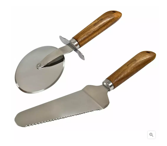 set za pizzu,alati za serviranje pizze,lopatica za pizzu,rezač za pizzu,servis za pizzu akacija,pribor za pizzu od nehrđajućeg čelika,pizza accessories,pizza serving set,drveni ručkovi za kuhinju,profesionalna kuhinjska oprema,kućna pica oprema