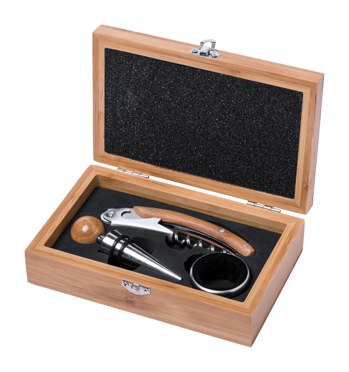 set za vino, poklon set za vino, poslovni pokloni, bambus kutija, gravura loga, poklon za partnere, vinski set, otvarač za vino, čep za bocu, čaša za vino, božićni pokloni, personalizirani pokloni, NIRS oprema Split, gravirano drvo, eco pokloni, vinski pribor