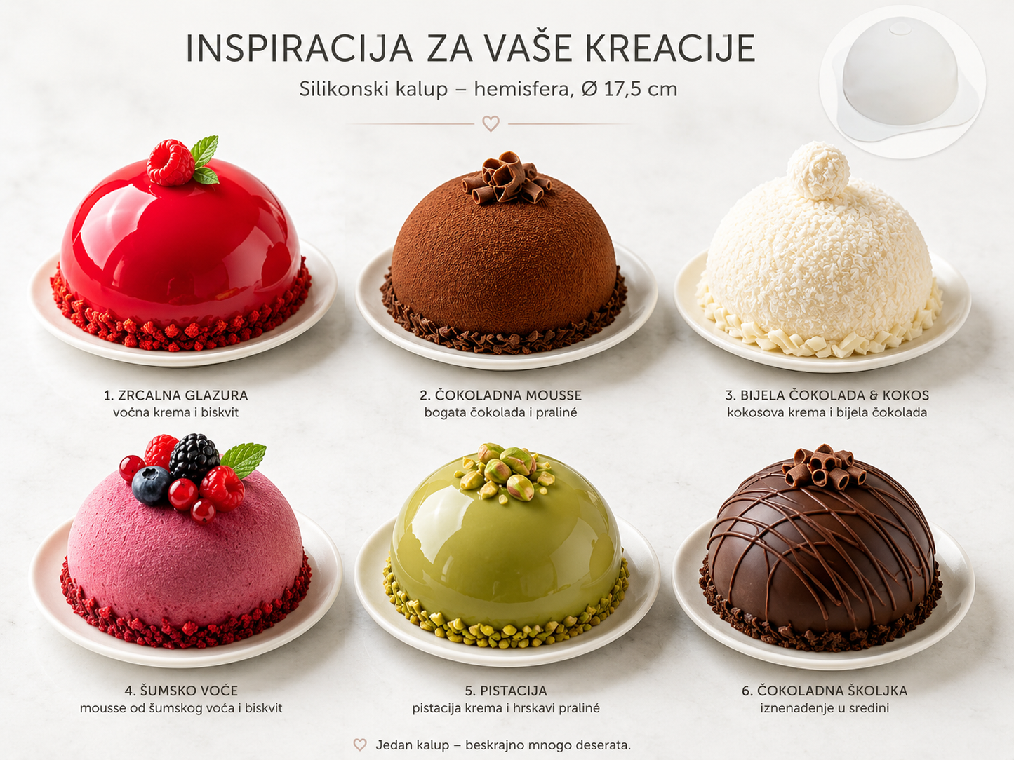 silikonski kalup hemisfera, kalup polukugla, kalup za mousse tortu, kalup promjera 17,5 cm, kalup za modernu tortu, kalup za entremet, kalup za zrcalnu glazuru, kalup za semifreddo, kalup za sladolednu tortu, kalup za čokoladnu kupolu, kalup za voćni mousse, silikonski kalup za tortu, profesionalni slastičarski kalup, kalup za polukuglu, kalup za kupolastu tortu, kalup za čokoladu, kalup za žele, kalup za deserte, slastičarski kalupi, oprema za slastičarstvo, kalupi za restorane, kalupi za slastičarnice, ka