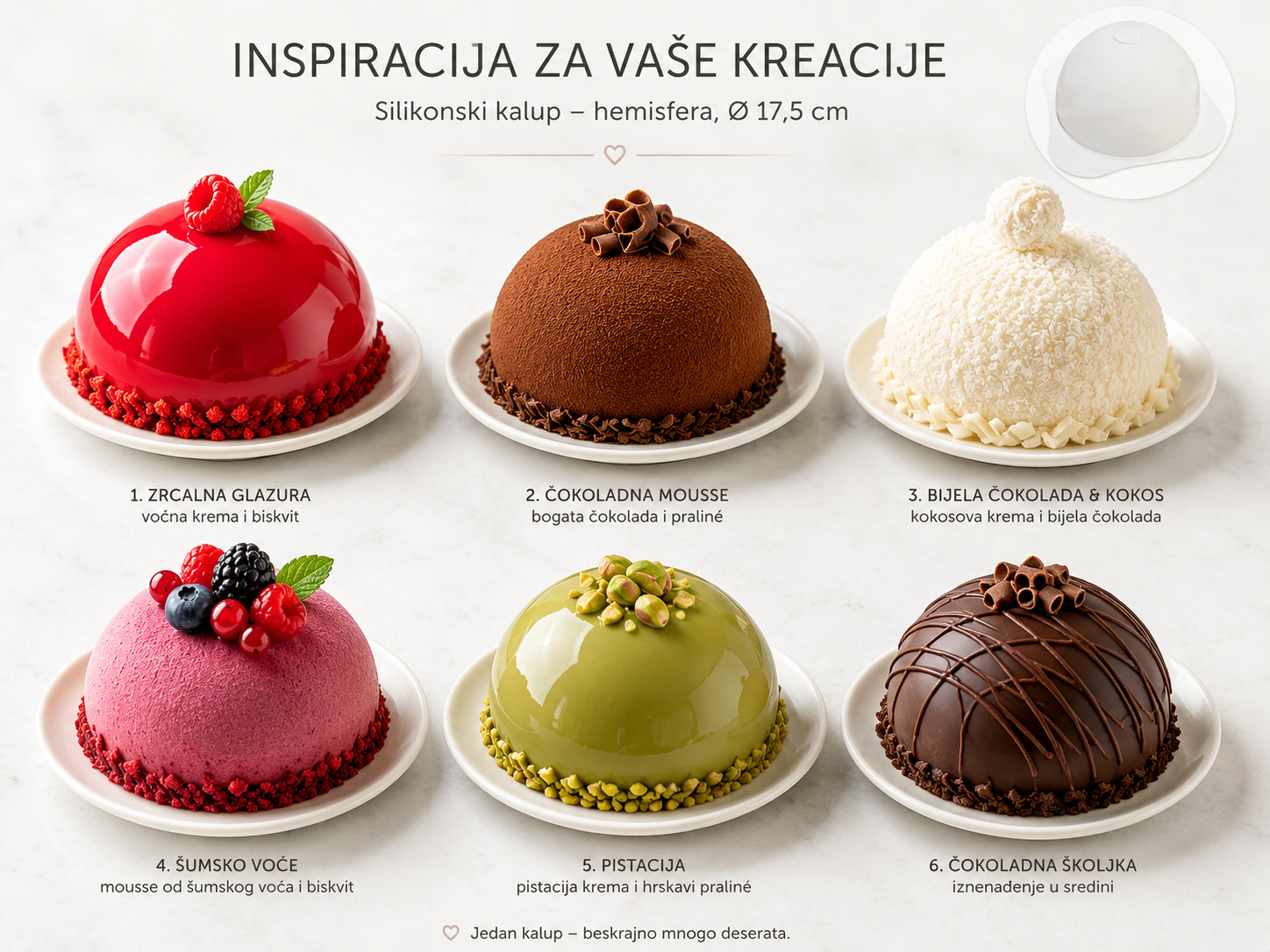 silikonski kalup hemisfera, kalup polukugla, kalup za mousse tortu, kalup promjera 17,5 cm, kalup za modernu tortu, kalup za entremet, kalup za zrcalnu glazuru, kalup za semifreddo, kalup za sladolednu tortu, kalup za čokoladnu kupolu, kalup za voćni mousse, silikonski kalup za tortu, profesionalni slastičarski kalup, kalup za polukuglu, kalup za kupolastu tortu, kalup za čokoladu, kalup za žele, kalup za deserte, slastičarski kalupi, oprema za slastičarstvo, kalupi za restorane, kalupi za slastičarnice, ka