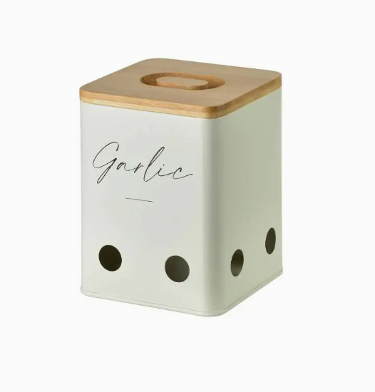 spremnik za češnjak, posudica za češnjak, kutijica za češnjak, modern kitchen spremnik, kuhinjski organizator, bež metalna posuda, spremnik s ventilacijom, čuvanje češnjaka, dodatak za kuhinju, Mondex Allesken, spremnik za povrće, kuhinjski dekor