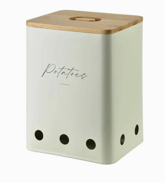 spremnik za krumpir, kutija za krumpir, metalna posuda za krumpir, bež spremnik, ventilacija za krumpir, Mondex Allesken, kuhinjski organizator, Modern Kitchen kolekcija, spremnik za povrće, spremnik s poklopcem, kuhinjski dodatak