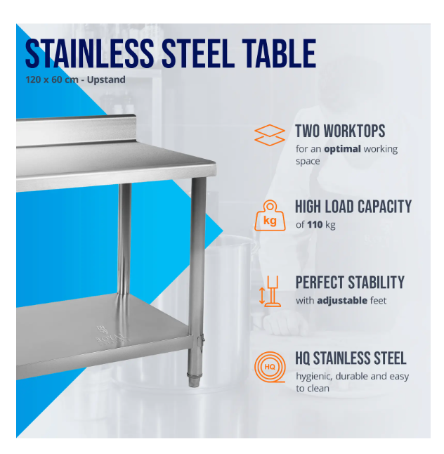 Inox radni stol 120×60 cm s uzdignutim rubom – Royal Catering 250 kg ⚙️