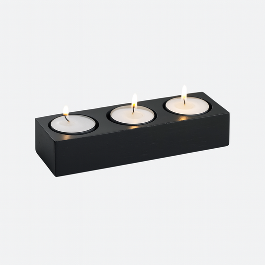 svijećnjak za tri svijeće, crni drveni svijećnjak, tealight držač, dekoracija za stol, minimalistički svijećnjak, svijećnjak za restorane, dekoracija interijera, svijećnjak webshop, oprema za apartmane, ugostiteljska oprema Split, online narudžba svijećnjaka